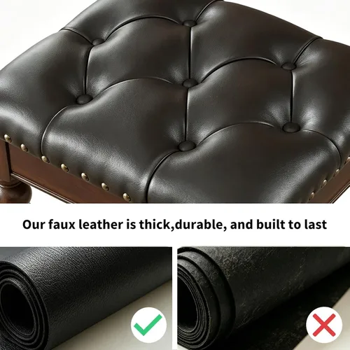 Vista 3 de Taburete de tocador blanco con asiento de cuero copetudo y patas de madera maciza talladas, banco de tocador de fácil montaje, taburete