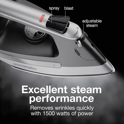 Vista 4 de Proctor Silex Plancha de vapor para ropa con suela de acero inoxidable duradera, 1500 vatios, cable retráctil de 8 pies, apagado automático de 3