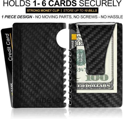 Vista 4 de Fidelo Cartera minimalista para hombres RFID de fibra de carbono delgado viaje dinero clip tarjeta de crédito titular