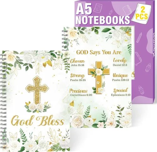Vista 13 de Xqumoi - Paquete de 2 cuadernos en espiral A5 azules con lazo coqueto, cuadernos religiosos, versos bíblicos motivacionales, cuadernos de escritura