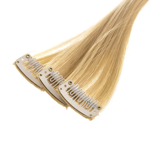 Vista 3 de SWACC 12 extensiones de cabello lacio de un color con clip, para mujer, extensiones de cabello sintético con rayas de color (rubio beige)