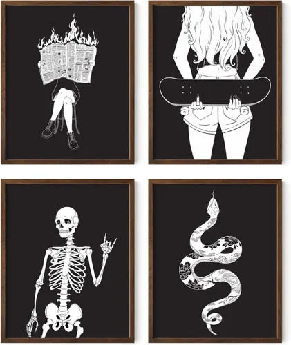 Vista 10 de HAUS AND HUES Decoración gótica de pared, juego de 4 impresiones de Halloween, arte de pared de terror y esqueleto, obra de arte espeluznante