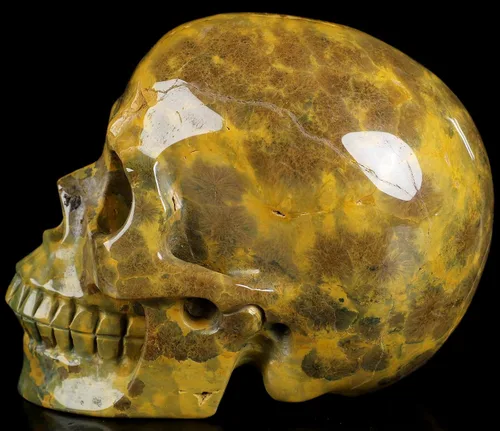 Vista 3 de Skullis Calavera de cristal de jaspe oceánico, escultura de arte fino de piedras preciosas talladas a mano, estatua de piedra curativa de Reiki.3208