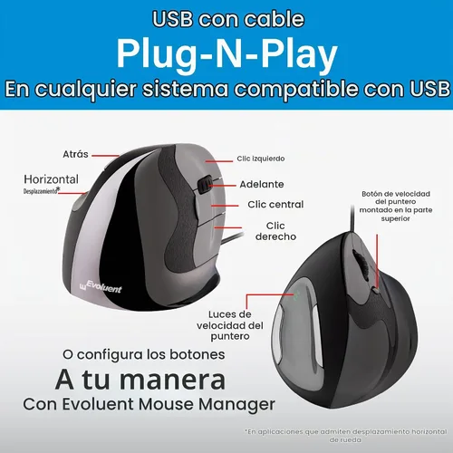 Vista 6 de Evoluent – Inventor del ratón vertical – VMDL Ratón vertical ergonómico mano derecha USB grande con cable, esculpido para mayor comodidad, reduce