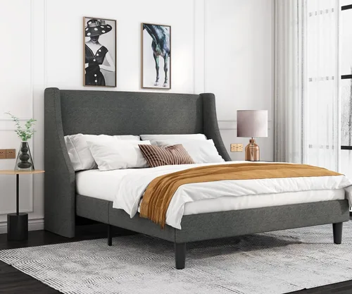 Vista 9 de Allewie Marco de Cama de Plataforma Tamaño King con Cabecera Tapizada, Respaldo Wingback Moderno de Lujo, Soporte de Listones de Madera, Base