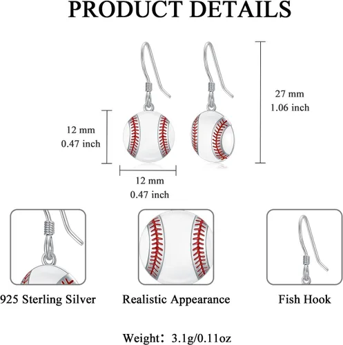 Vista 2 de Aretes deportivos de plata de ley para béisbol, fútbol, voleibol, tenis, baloncesto, aretes colgantes de media bola, aretes de atletas, aretes