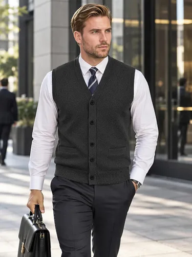 Vista 4 de Cloudstyle Chaleco de suéter para hombre con cuello en V y botones Negro
