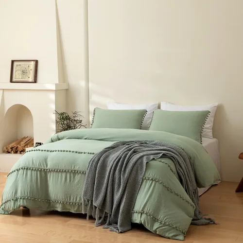 Vista 9 de INFLAG Funda de edredón de tamaño individual con pompones, juego de ropa de cama de microfibra bohemia de 3 piezas, 1 funda de edredón de 66 x 90
