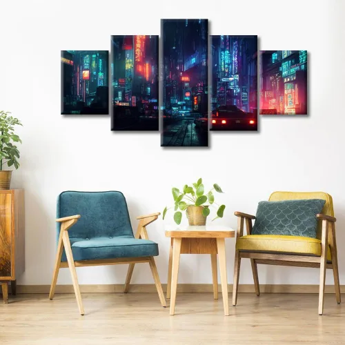 Vista 35 de Cuadros de 5 paneles de Cyberpunk City, arte de pared, representación de vallas publicitarias, edificios modernos en la capital con obras de arte