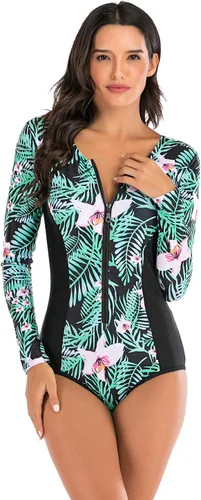 Vista 3 de LafyKoly Traje de baño de una pieza de manga larga para mujer, con protección UV, estampado de surf