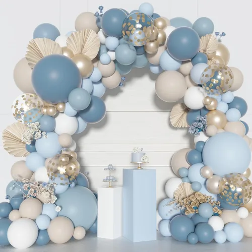 Vista 7 de Kit de Guirnalda de Arco de Globos Azul Polvoriento Ouddy Party, Diferentes Tamaños 18 12 10 5 Pulgadas Azul Polvoriento Arena Blanco Azul Bebé