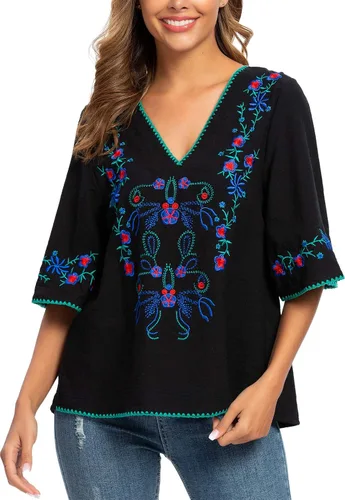 Vista 5 de YZXDORWJ Blusas estilo túnica mexicanas con bordado bohemio de verano para mujer