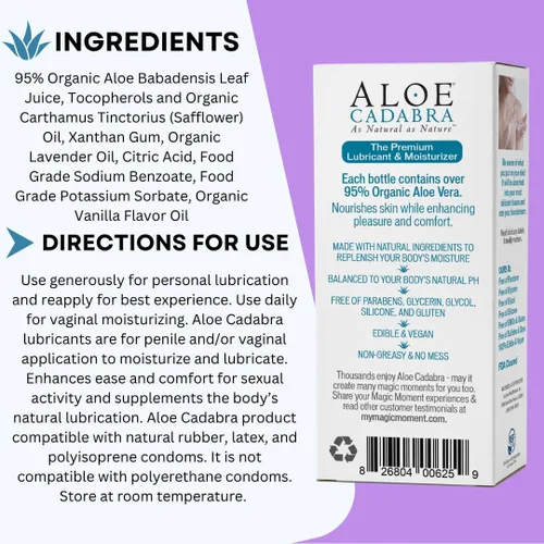Vista 3 de Aloe Cadabra Lubricante personal con sabor e hidratante vaginal, lubricante orgánico de aloe comestible para hombres, mujeres y parejas, no mancha
