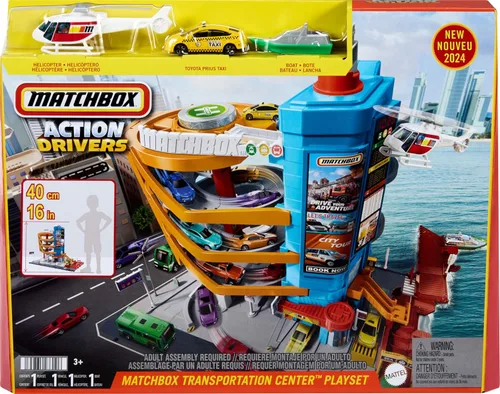 Vista 6 de Matchbox Vehículos de Juguete y Set de Juego, Centro de Transporte con 5 Niveles, Características Activadas por Niños y Autos, Incluye Taxi a Escala