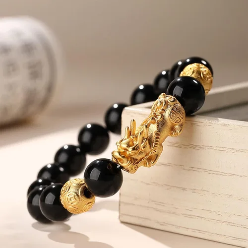 Vista 4 de Pulsera Feng Shui Pixiu de obsidiana negra para hombres y mujeres, pulsera de Feng Shui para buena suerte y riqueza