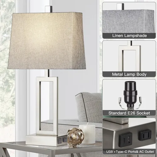 Vista 7 de Lolikit Lámparas de mesa con control táctil de 23.5 pulgadas, lámpara de noche de metal para dormitorio, juego de 2 con puertos USB A+C y salida