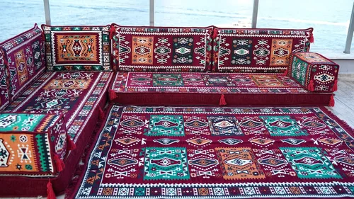 Vista 4 de arabicsofa Sofá de piso árabe granate en forma de L - Juego de asientos modulares de esquina para habitación de invitados