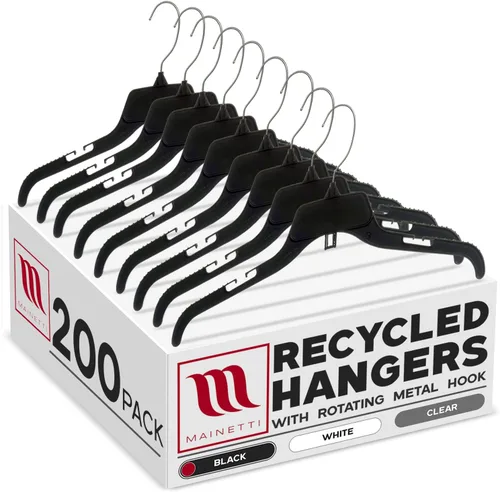 Vista 9 de Mainetti 484 - Ganchos de plástico negro reciclado - Paquete de 20 con colgador giratorio de metal y muescas para tirantes, ideal para camisas