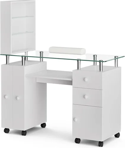 Vista 10 de Mesa de manicura con parte superior de vidrio para tecnología de uñas, estación de escritorio resistente a acetona con cajones de almacenamiento