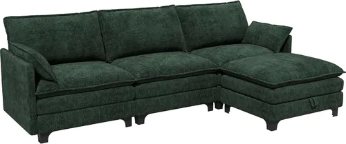 Vista 9 de Sofá modular moderno en forma de L de 106 pulgadas, sofá nube de felpilla con otomana de almacenamiento, sofás de asiento profundo con bolsillo Verde