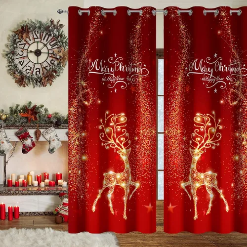 Vista 2 de Cortinas rojas de Navidad para sala de estar, juego de 2 paneles, cortinas de ventana de terciopelo rojo de 63 pulgadas de largo, cortinas
