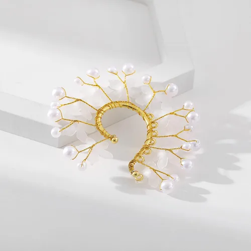Vista 5 de Fairy Pearl Elf Ear Cuff - Pendiente de flor hecha a mano para mujer, Zinc, No es una piedra preciosa