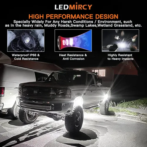 Vista 2 de LEDMIRCY Luces LED de roca, color blanco, 2 piezas para todoterreno, camiones, coches, barcos, ATV, SUV, RZR, impermeables, de alta potencia, luces