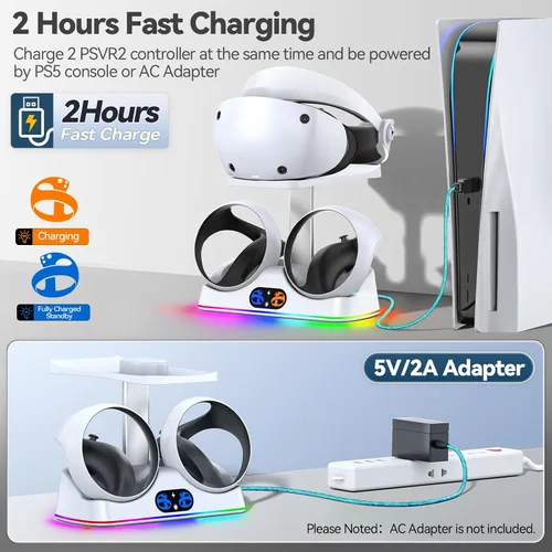 Vista 2 de Estación de carga PSVR 2 con luz RGB, PSVR 2 accesorios base de carga y pantalla de auriculares PSVR2, soporte PSVR 2 con interruptor táctil