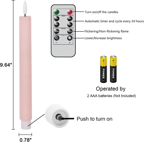Vista 2 de Velas cónicas parpadeantes sin llama rosadas que funcionan con pilas con control remoto de 10 teclas y temporizador, paquete de 6 velas LED de cera