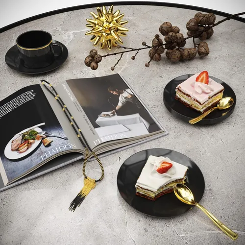 Vista 6 de Trendables Platos de postre desechables de 120 quilates con cucharas doradas (sirve para 60 personas), platos de plástico pequeños negros