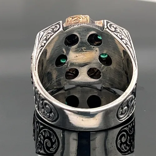 Vista 5 de Men Handmade Emerald Stone Ring, Rotating Split Ring, Micro Stone Ring, Ottoman Style Silver Ring, 925k Sterling Silver Ring
