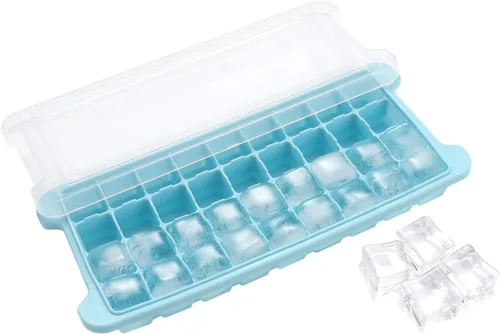 Vista 14 de Bandeja de cubitos de hielo, bandeja de hielo de silicona suave con tapa de polipropileno, bandejas flexibles para cubitos de hielo para congelador
