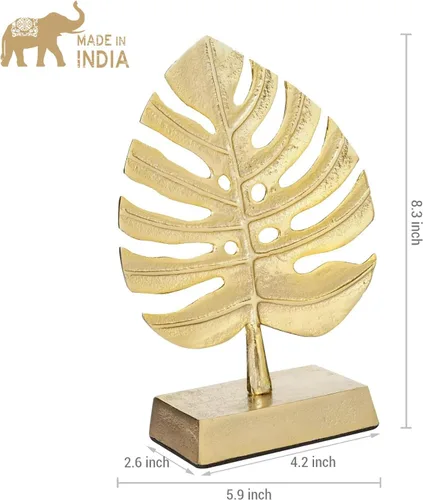 Vista 5 de MyGift Decoración de escultura de arte moderno de hoja de palmera de metal en tono latón, estatua de planta de Monstera - Hecho a mano en la India