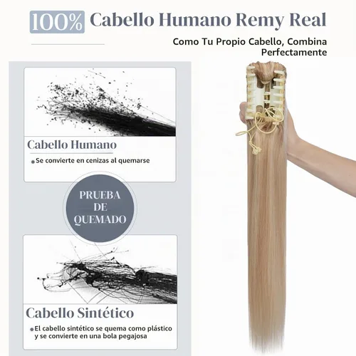 Vista 2 de Rich Choices Extensión de cola de caballo con clip de garra, cabello humano real, una pieza, extensiones de cabello largo Remy para mujer, #18P613
