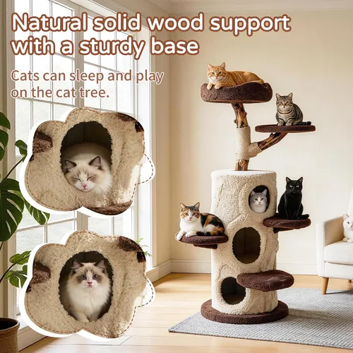 Vista 3 de RPZ Árbol para gatos de madera maciza de lujo de 54.7 pulgadas para gatos pequeños a medianos, poste rascador de madera natural con rama real