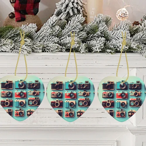 Vista 9 de Retro Cool Camera Collection Print Christmas Tree Ceramic Heart Shape Hanging Ornament, Christmas Home/Mall Decor