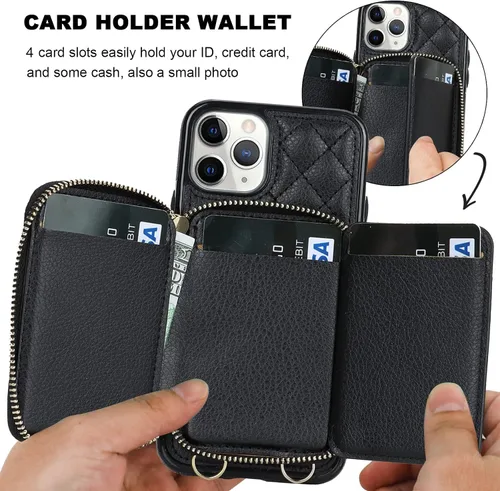 Vista 4 de Bocasal - Funda tipo cartera cruzada para iPhone 11 Pro, color negro RFID Blocking PU Leather Zipper Handbag Purse, Kickstand Flip Folio Case with