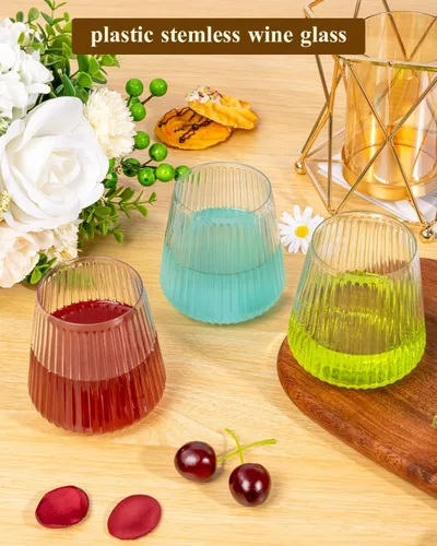 Vista 4 de Goodluck Paquete de 36 copas de vino de plástico sin tallo de 12 onzas – Copas transparentes con estrías, elegante vajilla reutilizable desechable