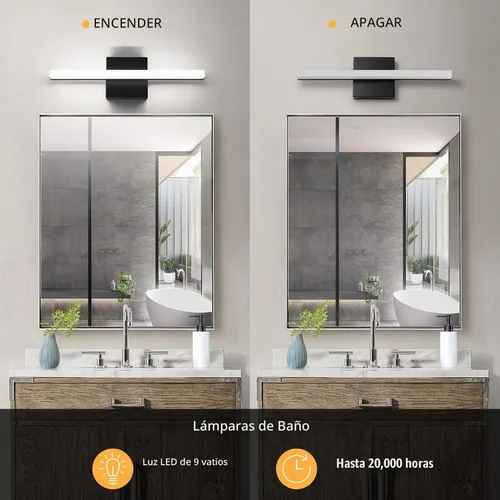 Vista 4 de Modernas luces LED de tocador para baño, 16 pulgadas, 9 W, luz diurna, blanco y negro, luces sobre espejo, accesorios de iluminación de tocador