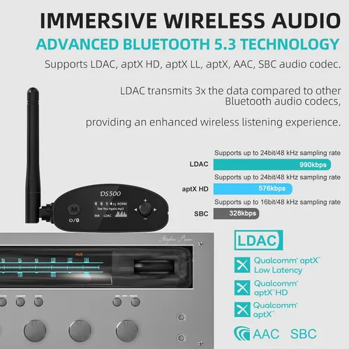Vista 3 de 1Mii DS500 Receptor Bluetooth 5.3 de alta resolución, DAC audiófilo de 32 bits/384 kHz, LDAC sin pérdida y aptX HD, pantalla OLED, ecualizador