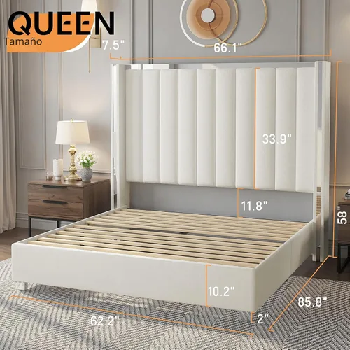 Vista 2 de Jocisland Marco de cama tamaño Queen con cabecero de 58 pulgadas de alto, cama de plataforma tapizada en terciopelo con cabecero tipo wingback