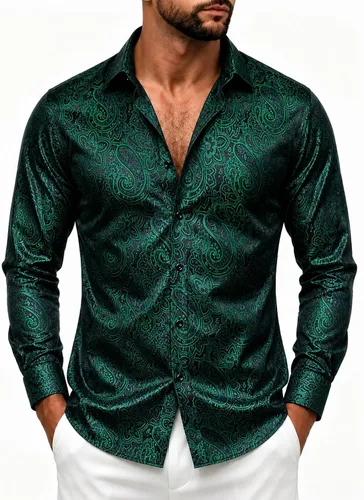 Vista 28 de DiBanGu Camisa de vestir de paisley de seda para hombre, formal, de manga larga, con cuello abotonado, camisas informales para fiesta de boda Negro