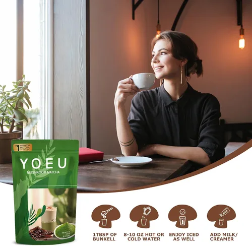 Vista 3 de 6.35 oz, polvo orgánico de hongos matcha, matcha japonés y 12 ingredientes naturales, café instantáneo, polvo con leche, alternativa al café