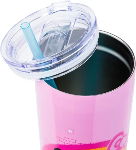 Vista 4 de Silver Buffalo Sanrio Hello Kitty Graffiti - Vaso de acero inoxidable de doble pared con popote con Hello Kitty y Joey, 22 onzas Rosa/Multi