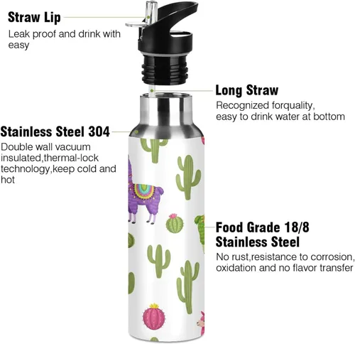 Vista 3 de Insulated Stainless Steel Water Bottle with Straw 20 Oz, Leakproof Water Bottles for Gym Outdoor Travel School, Colorful Llamas Cactus Cute