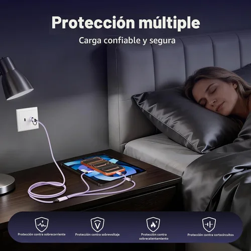 Vista 4 de Cable de carga múltiple para múltiples dispositivos con 2 puertos USB-C/IP Púrpura