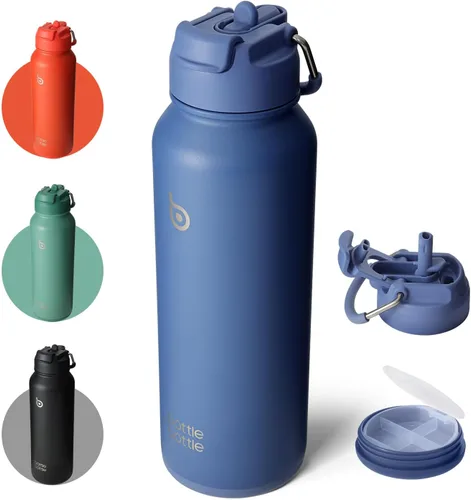 Vista 17 de Botella Botella Botella de agua deportiva de 40 oz de acero inoxidable, botella de agua aislada con popote y porta pastillas Dual-use