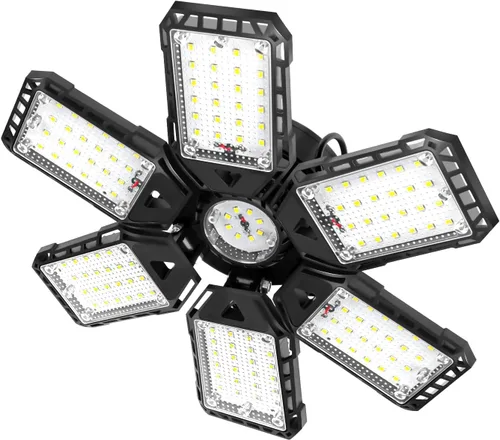 Vista 2 de Aoretic Luces LED de garaje 180W 18000LM 6500K, paquete de 2 6+1 paneles deformables, base E26/E27, uso de almacén y tienda, luz de granero