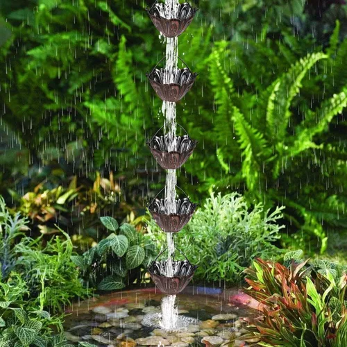 Vista 2 de Vindar Cadena de lluvia, cadena de lluvia de 8.5 pies para canalones, MG4591 (color bronce rojo) colector de lluvia para bajante con adaptador, 10