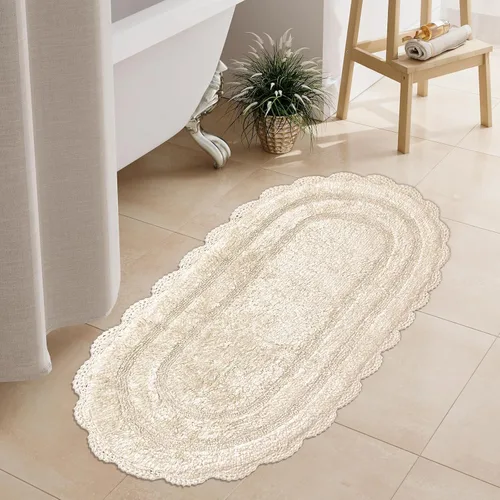 Vista 53 de Chardin home Alfombra de baño de ganchillo beige, alfombra de baño ovalada 100% algodón con borde de ganchillo artesanal hecho a mano, alfombra